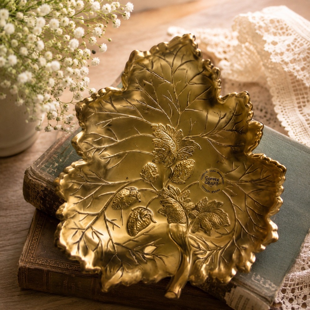 Vintage Copper Craft Guild Brass Strawberry Leaf Dish Tray Made USA